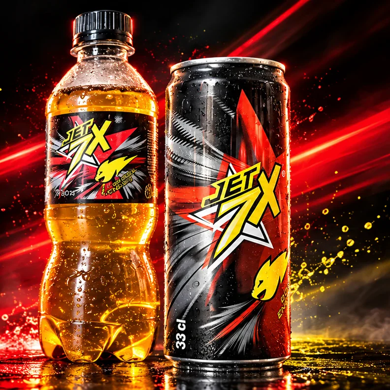 Bouteille de 350 ml et canette de 33 cl de la boisson énergisante Jet 7X