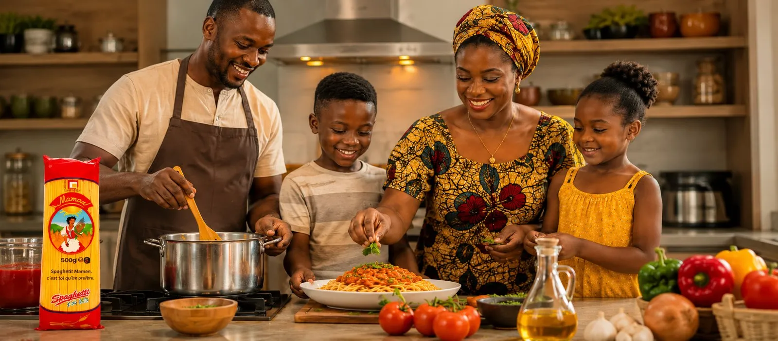 Publicité Maman : une famille ivoirienne cuisine des spaghetti Maman